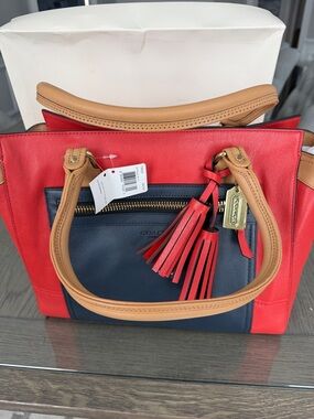 COACH Red & Navy Leather Tote with Tan Handles and Tassel Charm